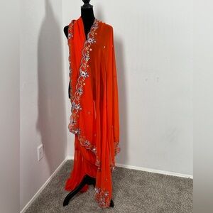 Orange Floral-Embroidered Saree